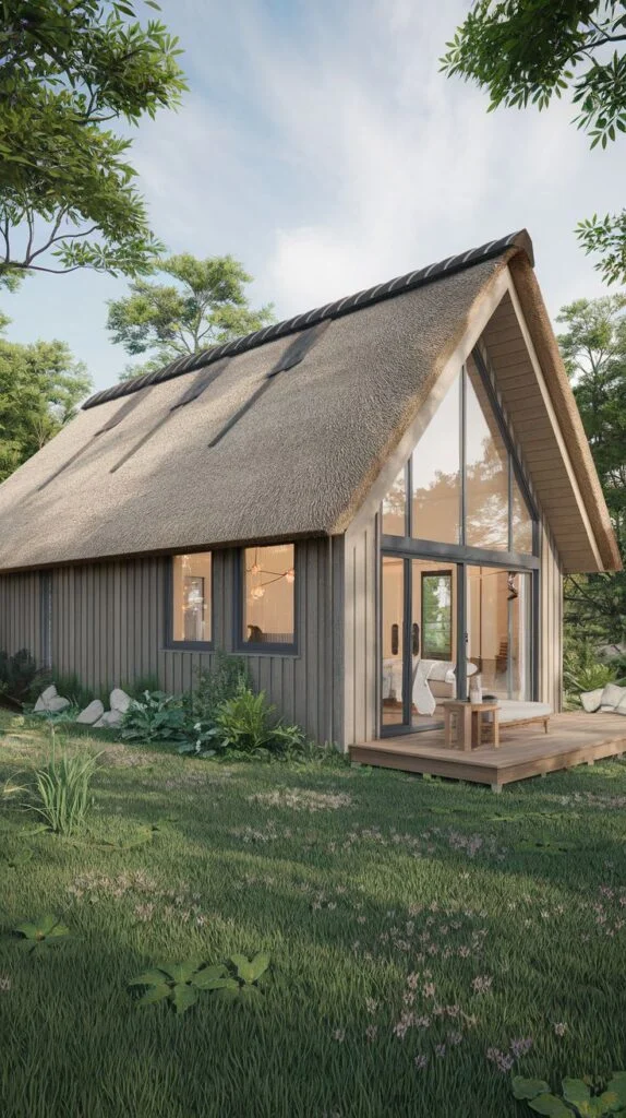 A peaceful Scandinavian cottage with light wooden siding and a beautiful thatched roof, featuring a large A-frame window and glass door leading to a wooden deck, surrounded by lush greenery.
