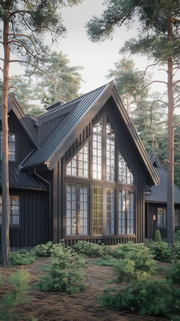 A grand Scandinavian cottage complex with dark vertical wooden siding and prominent A-frame windows, featuring multiple interconnected structures, set amongst tall pine trees.