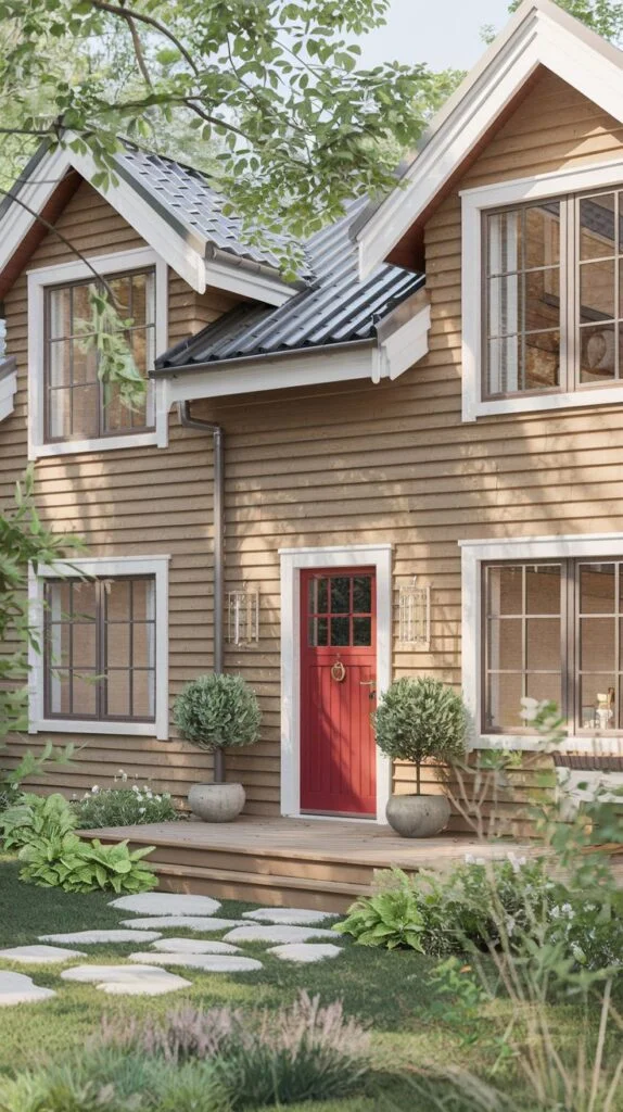 A charming Scandinavian cottage with light brown shingle siding, a vibrant red front door, and multiple dormer windows, set in a well-maintained garden with a stepping stone path.