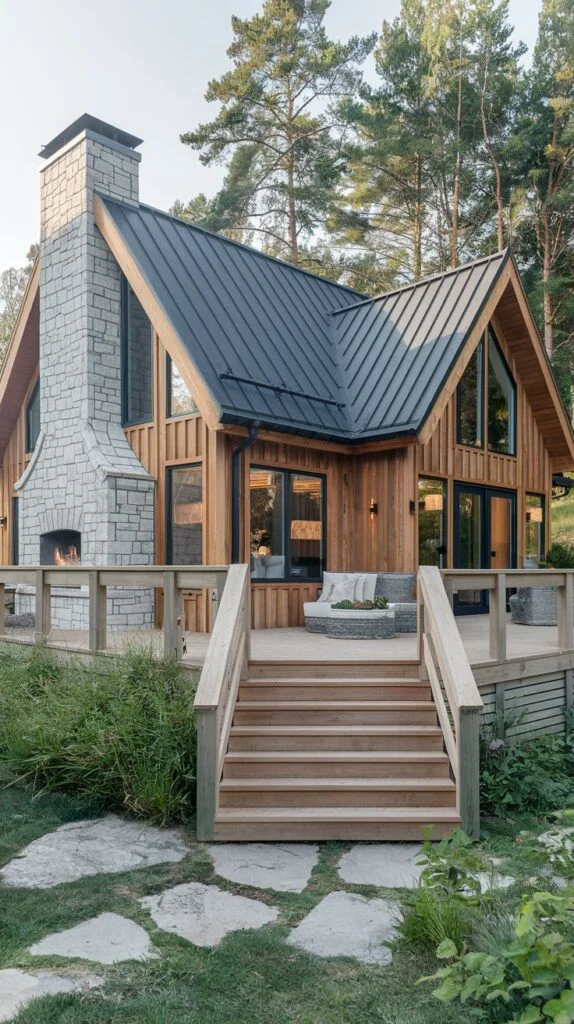 A grand Scandinavian cottage with natural wood siding, a large stone chimney with an outdoor fireplace, a dark metal roof, and an expansive wooden deck with steps and built-in seating.