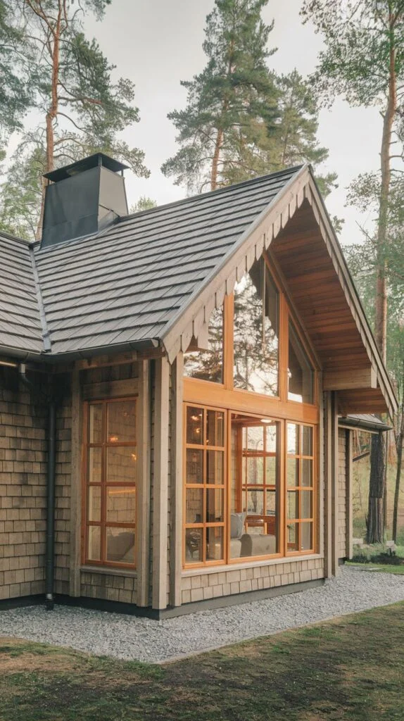 A modern Scandinavian cottage with light wooden shingle siding, large multi-paned windows, and a dark roof, viewed from the side with a gravel path and surrounding trees.