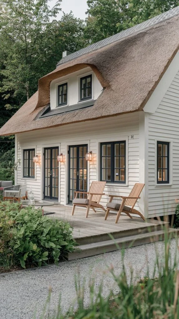 A picturesque white Scandinavian cottage with horizontal siding, a traditional thatched roof featuring a dormer, and large dark-framed windows, opening onto a wooden deck with outdoor chairs.