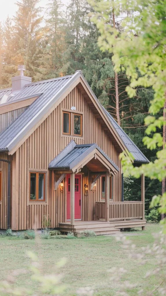 A welcoming Scandinavian cottage with natural vertical wooden siding, a small covered porch, and bright red double front doors, topped with a dark metal roof and surrounded by green foliage.