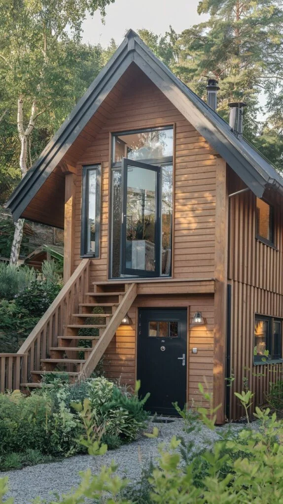 A unique multi-level Scandinavian cottage with natural wooden siding, featuring steep outdoor steps leading to an upper main entrance with a large glass door, and a separate lower-level entrance, under a dark metal roof.