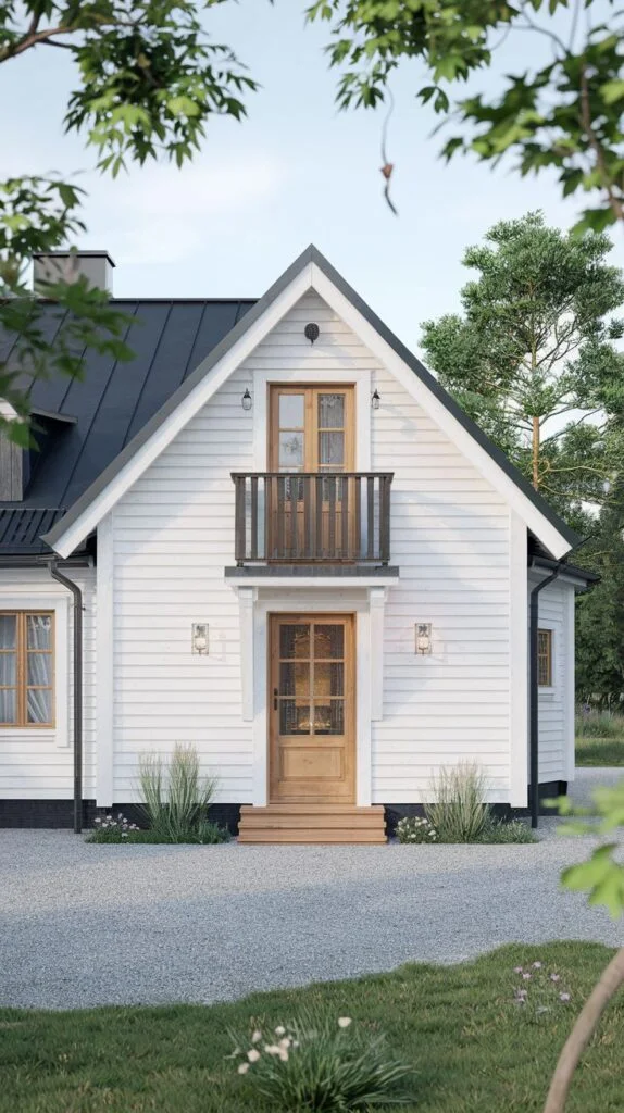 A classic white Scandinavian cottage with horizontal siding, a dark metal roof, and wood-framed windows, featuring a small balcony above the main wooden front door, set amidst a gravel path and green grass.