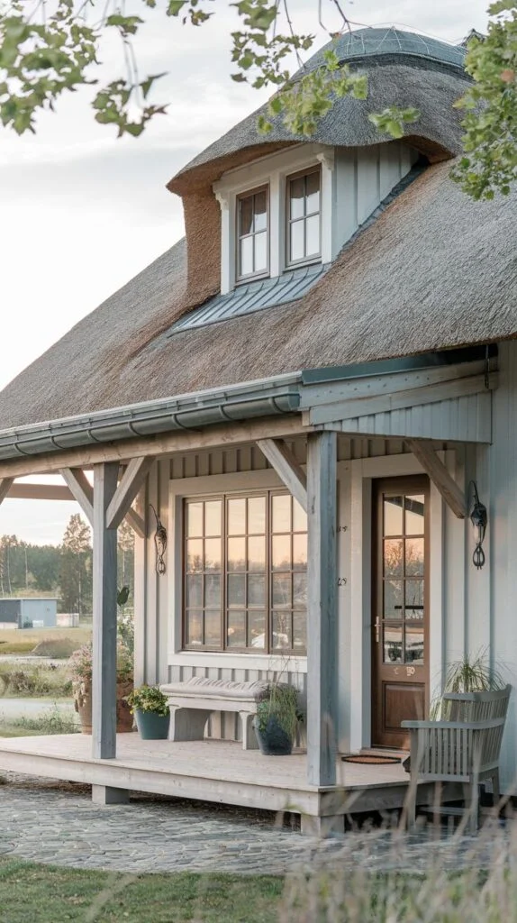 A cozy light grey Scandinavian cottage with horizontal siding and a charming thatched roof with a dormer, featuring a wide wrap-around porch with wooden pillars and a bench.