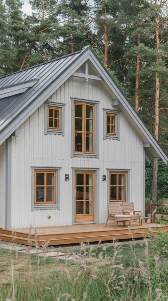 A bright white Scandinavian cottage with vertical siding and grey trim, light wood-framed windows, and a grey metal roof, with a large wooden deck and outdoor furniture, surrounded by tall pine trees.