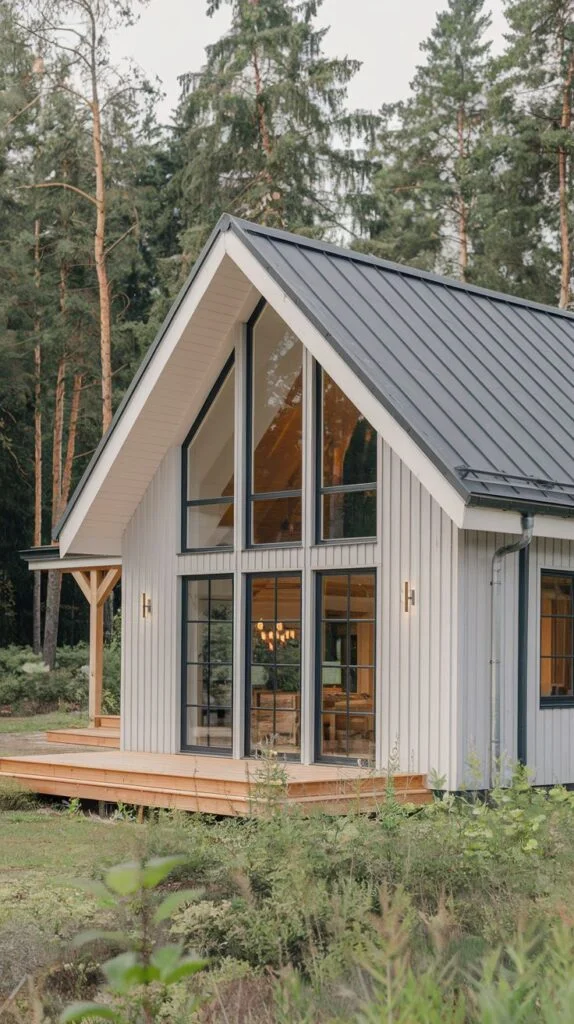 A sleek light grey Scandinavian cottage with vertical siding, striking large A-frame windows providing ample light, and a dark metal roof, complemented by a spacious wooden deck and surrounded by pine trees.