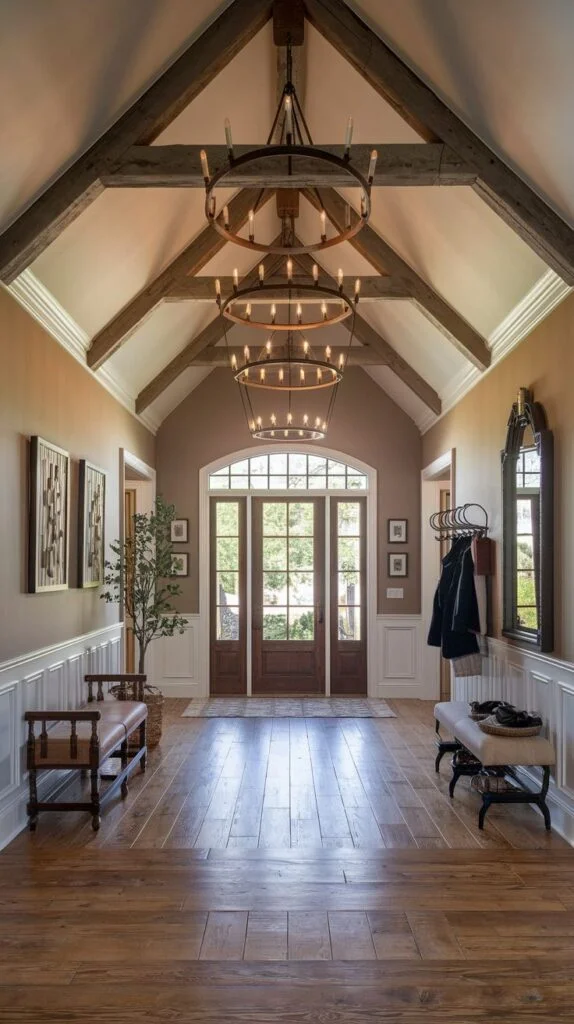 A southern classic rustic entryway with a vaulted ceiling supported by exposed wooden beams. Two large, multi-tiered chandeliers provide illumination, leading to a double-door entrance with glass panels. The space features warm wooden floors and wainscoting.