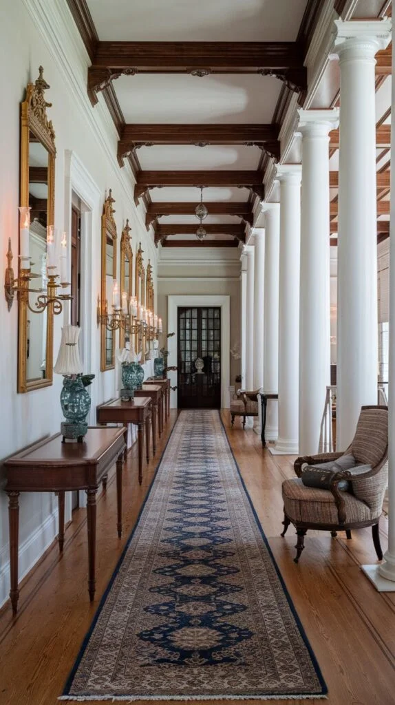 A southern classic long hallway characterized by a row of tall white columns on the right and a series of ornate gold mirrors with sconces on the left. The ceiling features dark wooden beams, and a long patterned runner rug extends down the polished wooden floor.