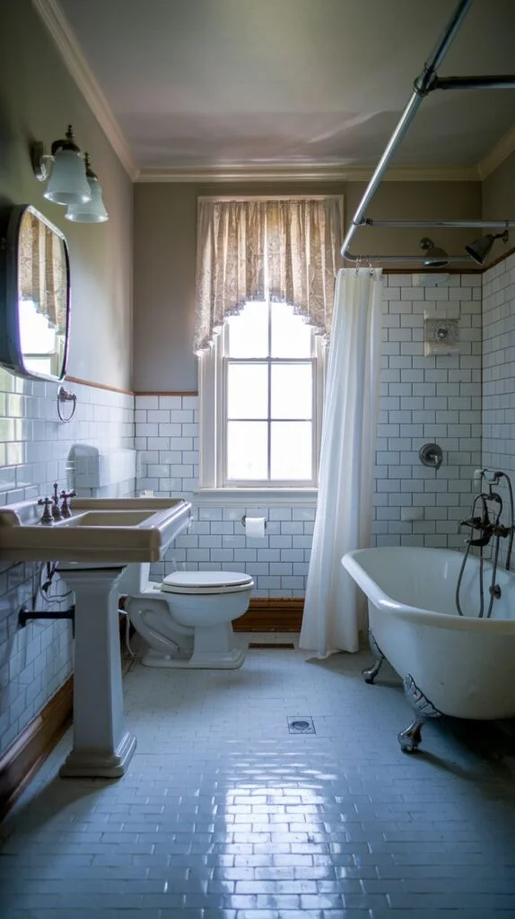 A southern classic bright bathroom with white subway tiles lining the walls up to a window, and light blue rectangular floor tiles. A pedestal sink and a clawfoot tub with a shower curtain are visible, maintaining a clean and classic aesthetic.