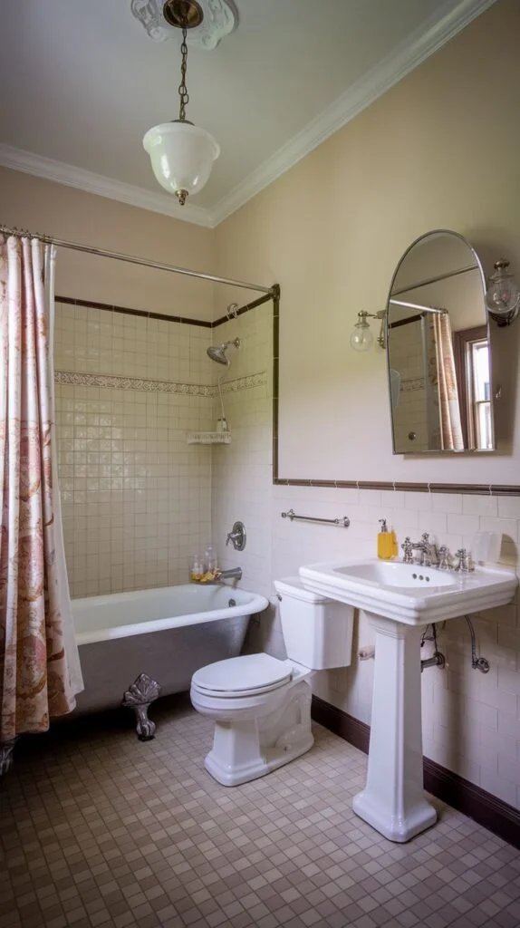 A southern classic traditional bathroom with light-colored square wall tiles and a matching floor. It features a pedestal sink and a clawfoot bathtub with a shower curtain. An ornate ceiling light fixture and a framed arched mirror complete the classic look.