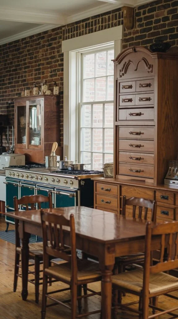 A southern classic rustic kitchen with striking exposed brick walls. The room is furnished with a wooden dining table and chairs in the foreground, and features a large, teal-colored range and traditional wooden cabinetry, creating a cozy atmosphere.