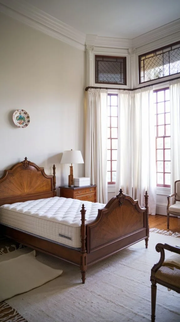 A southern classic elegant bedroom featuring a beautifully carved wooden bed frame with a white mattress. The room has large windows with sheer curtains and an interesting bay window design at the top. A simple rug and traditional furniture contribute to the classic appeal.