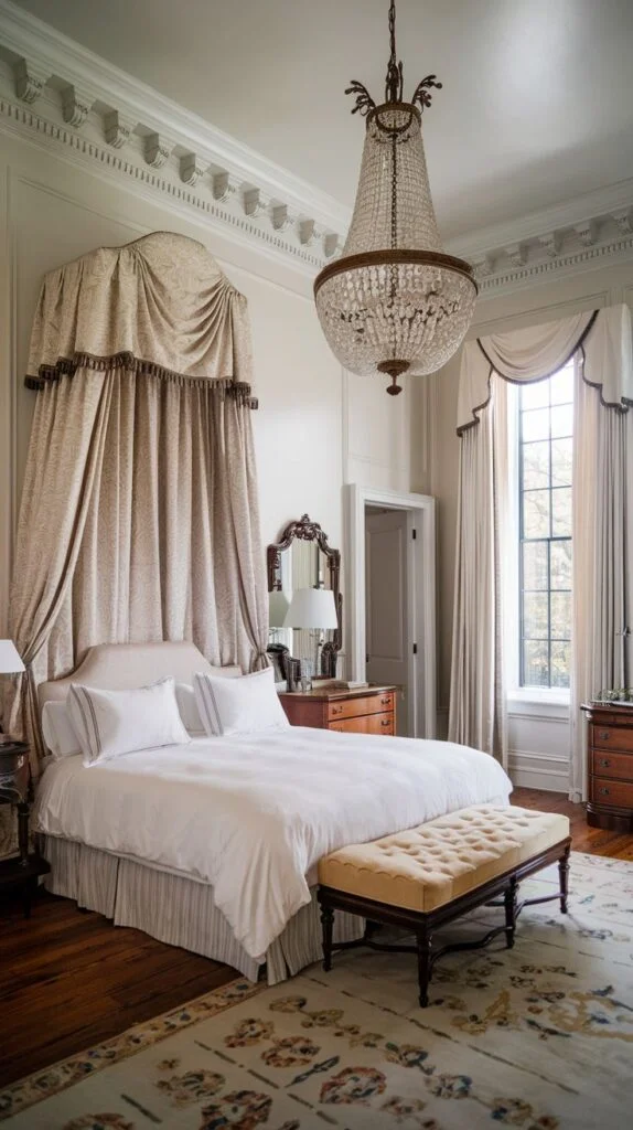 A southern classic luxurious bedroom showcasing a dramatic canopy bed with rich drapes and a light-colored bedding set. A grand crystal chandelier hangs from the high ceiling, which is adorned with ornate crown molding. A window with elegant drapes adds to the sophisticated feel.