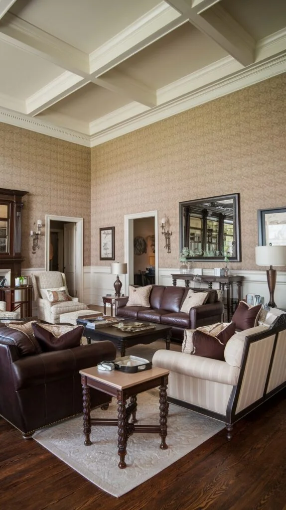 A southern classic formal living room designed with dark leather sofas and a complementary striped sofa, arranged around a coffee table. The walls feature a subtle patterned wallpaper and a prominent coffered ceiling. A large mirror above a console table adds to the sophisticated atmosphere.