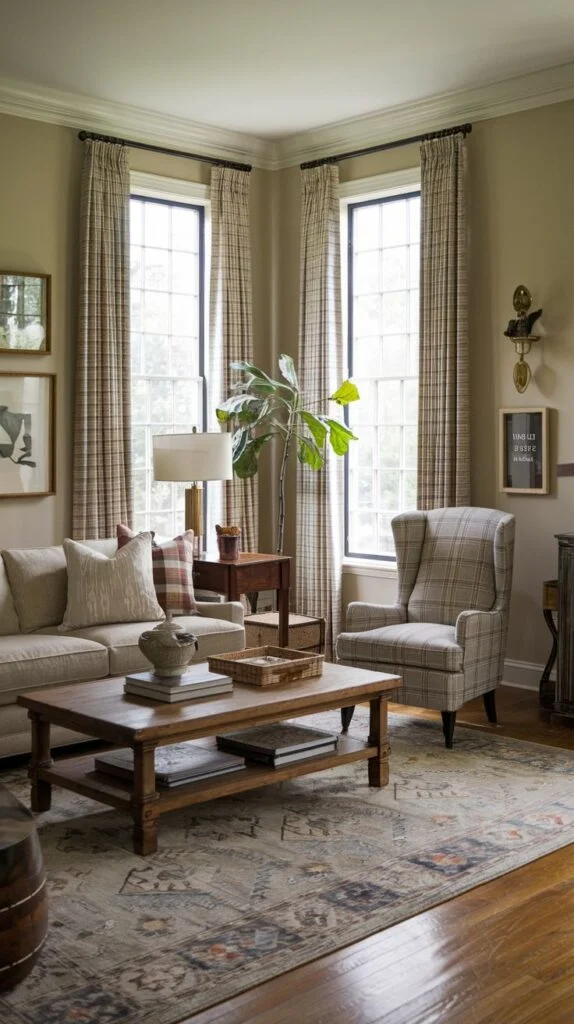 A southern classic cozy living room furnished with a neutral sofa and a plaid armchair and matching curtains. A large wooden coffee table is central to the seating arrangement, and a patterned area rug grounds the space, creating a warm and traditional ambiance.