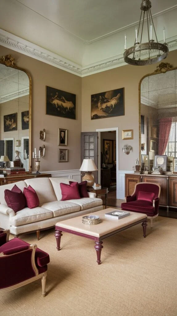 A southern classic elegant living room featuring a light-colored sofa and two rich red velvet armchairs, arranged on a textured rug. The room is enhanced by two oversized antique mirrors and multiple framed artworks, contributing to its grand and classic character.
