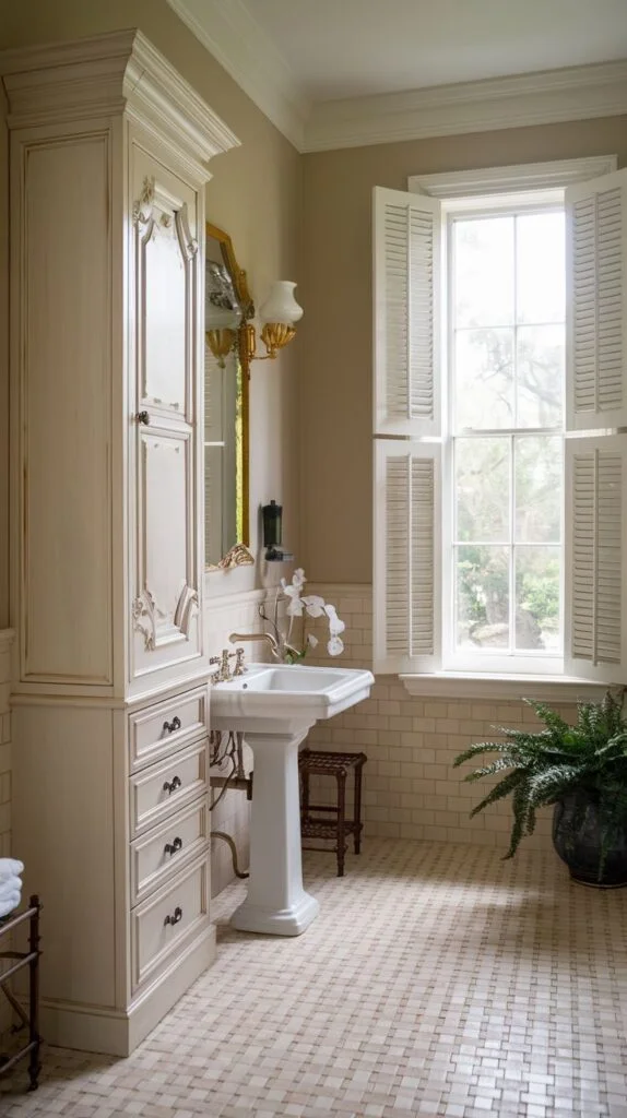 A southern classic refined bathroom featuring a pedestal sink and a tall, ornately carved storage cabinet. The walls are tiled in a subtle pattern, and the floor is covered with small, light-colored square tiles. A large window with white shutters allows for natural light.