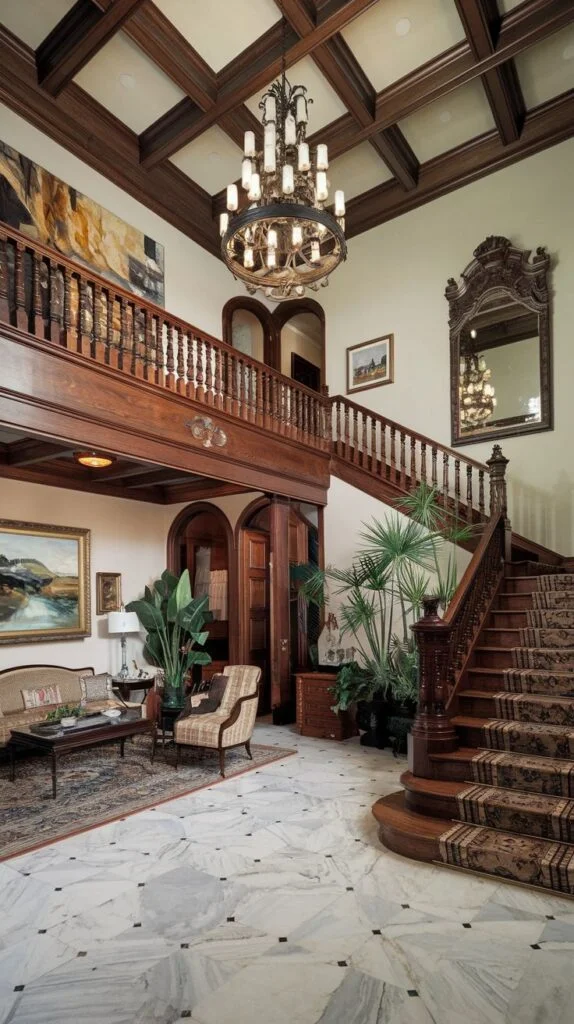 A southern classic magnificent foyer dominated by a sweeping wooden staircase with an ornate railing and a patterned runner. A large multi-tiered chandelier hangs from the coffered wooden ceiling, illuminating the elegant marble floor. Large potted plants and classic furnishings complete this grand entrance.