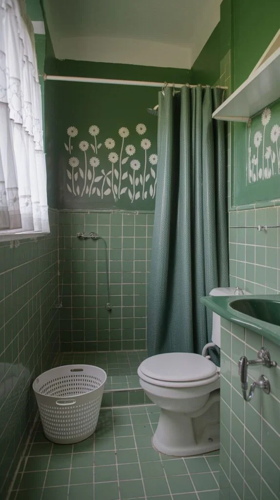 Bathroom with soft green tiles and white floral decals