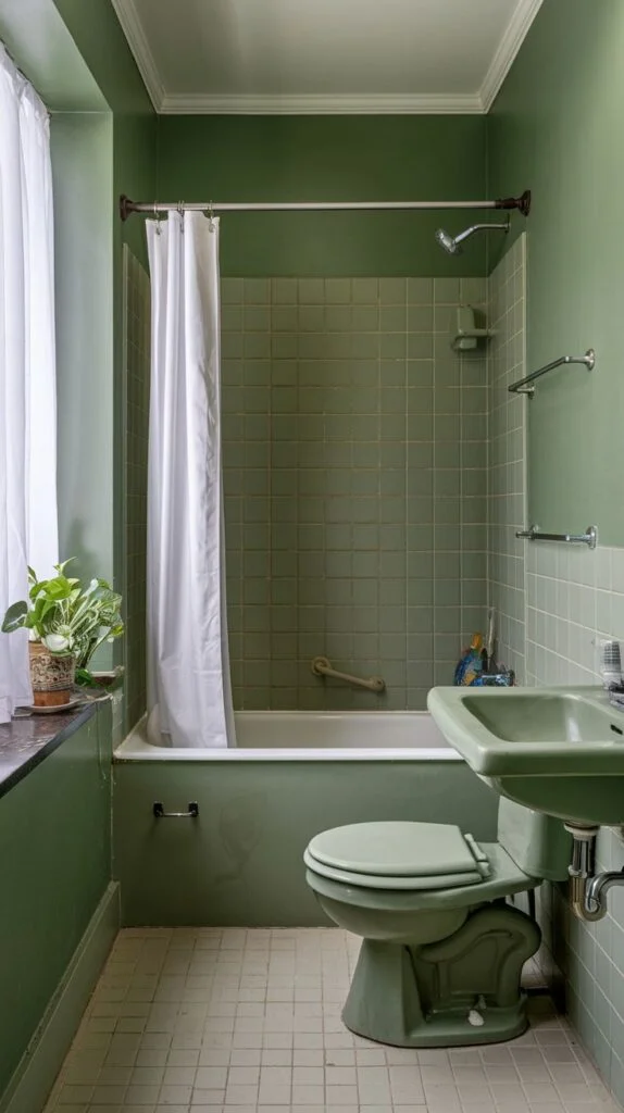 Bathroom with sage green walls and white bathtub