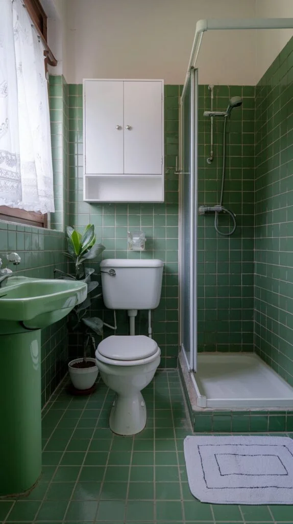 Bathroom with emerald green tiles and glass shower