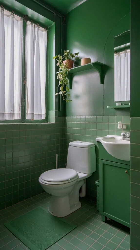 Monochromatic deep green bathroom