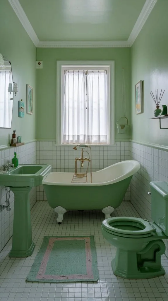 Bathroom with green clawfoot tub and pedestal sink