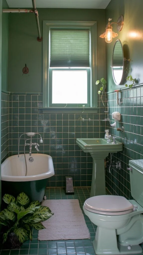 Vintage style bathroom with dark green tiles