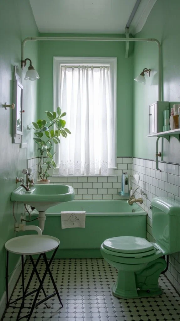 Bright green bathroom with black and white patterned floor
