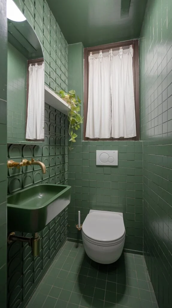 Small powder room with deep green tiles and brass fixtures