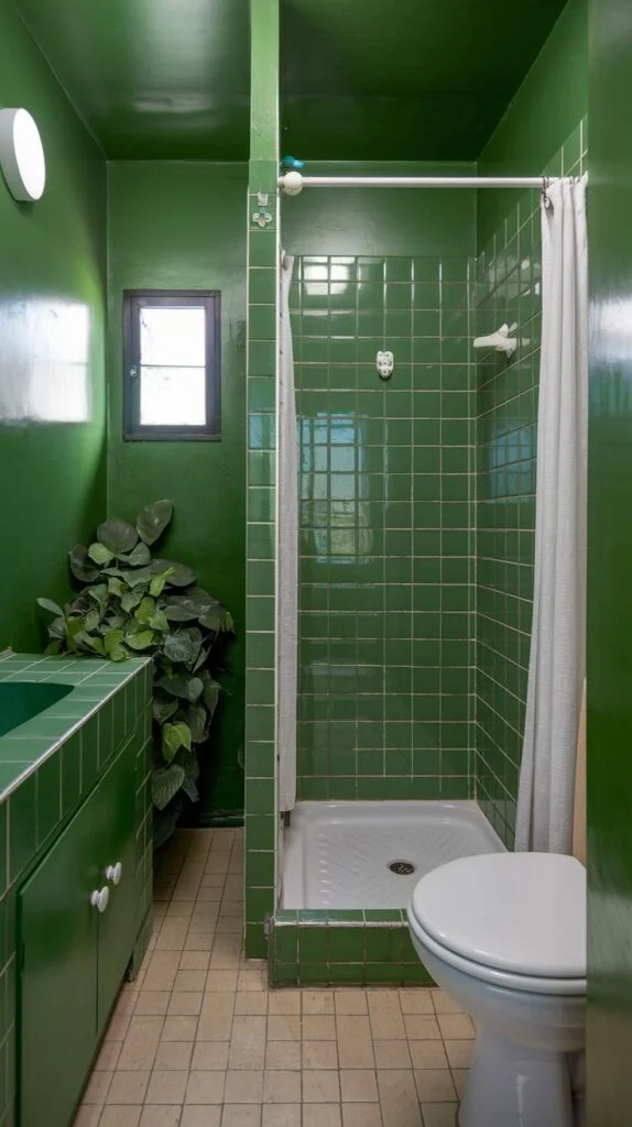 Vibrant green shower room with plants