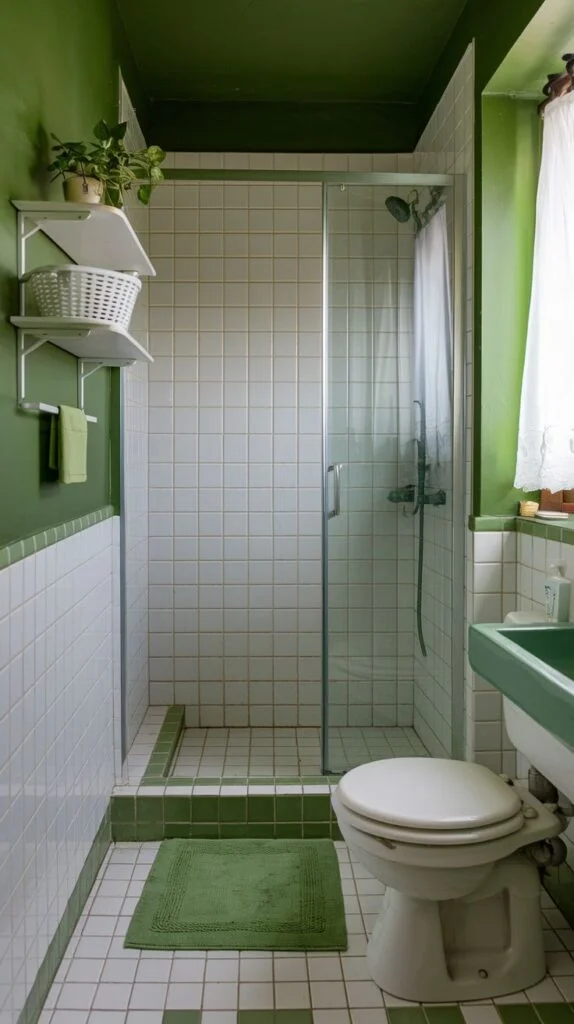 Compact green and white bathroom with glass shower