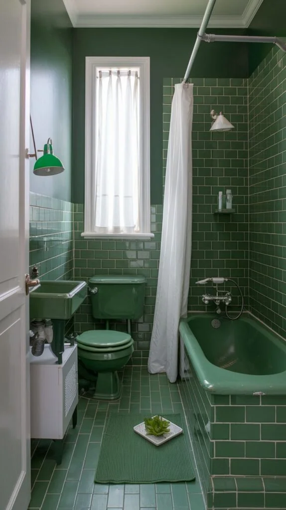 Classic emerald green bathroom with matching fixtures