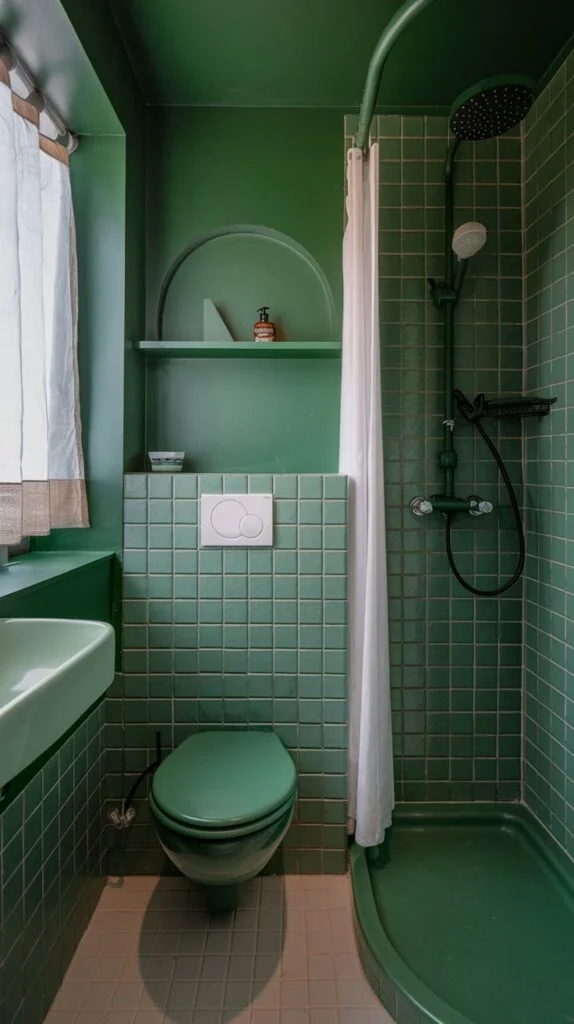 Modern green bathroom with wall-mounted toilet