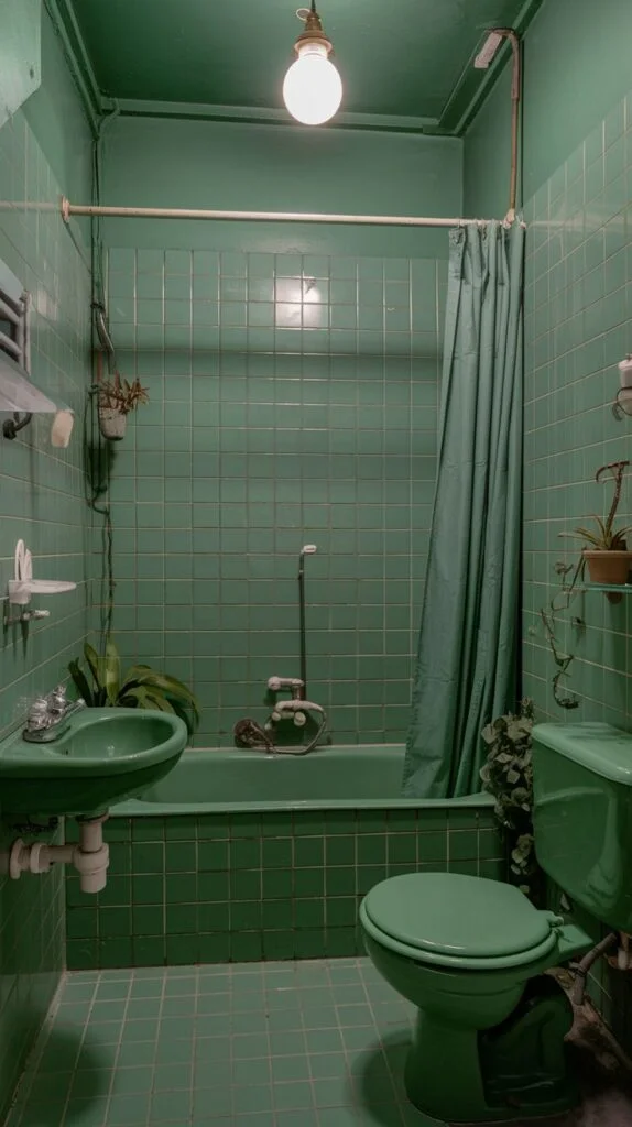 Seafoam green bathroom with plants and overhead light
