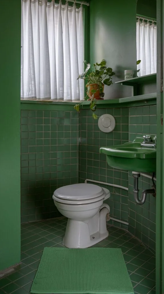 Bright green bathroom with natural light and plants