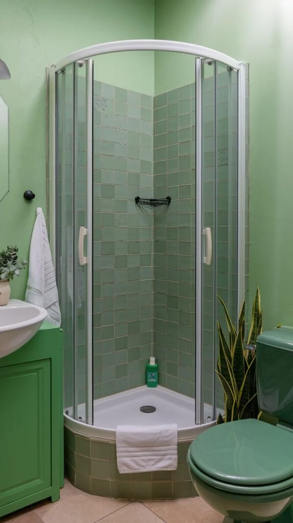 Compact green and white bathroom with curved glass shower