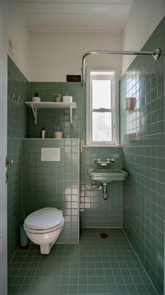 Minimalist green bathroom with wall-mounted sink and toilet