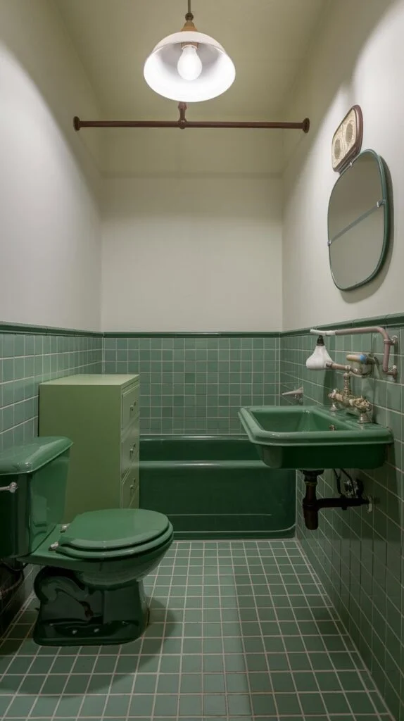 Traditional green bathroom with half-tiled walls