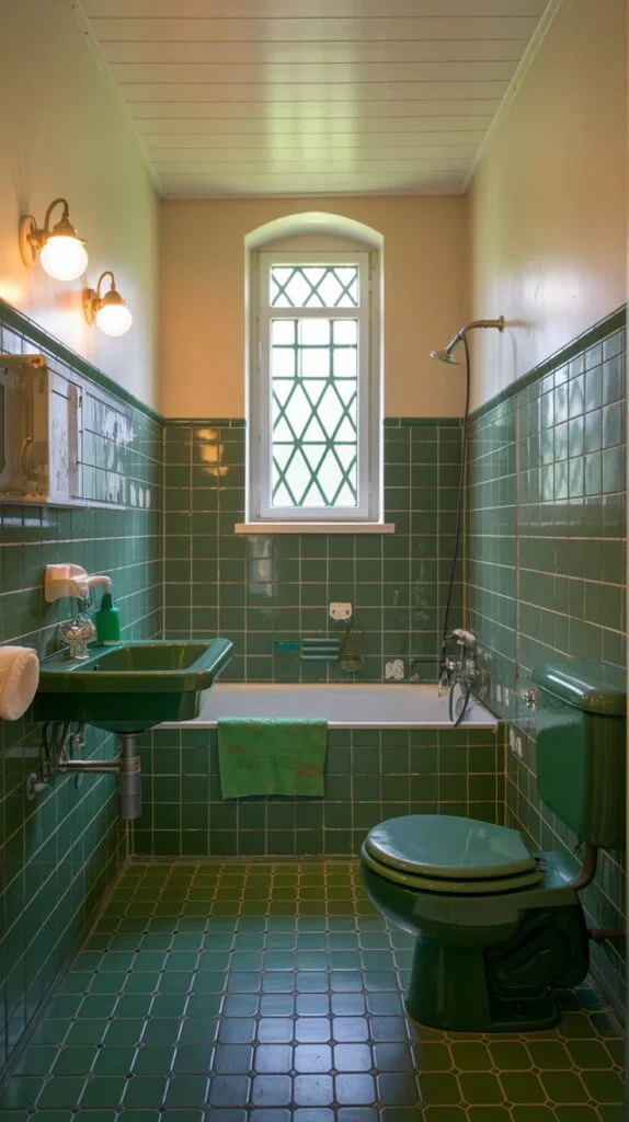 Art Deco green bathroom with patterned window
