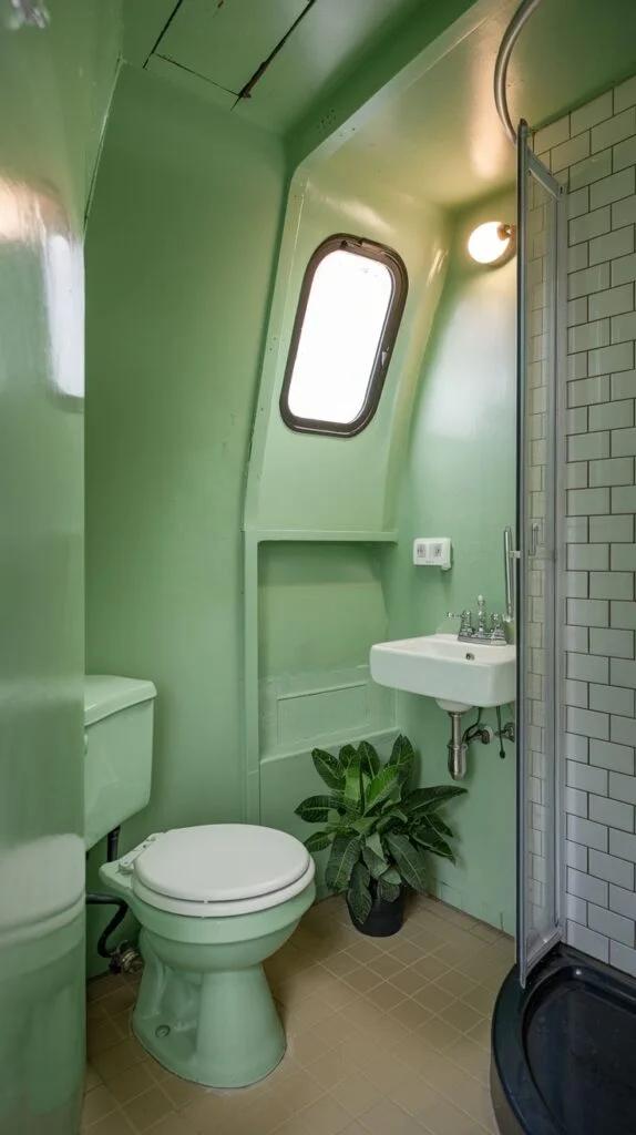 Bathroom with porthole window and pastel green walls