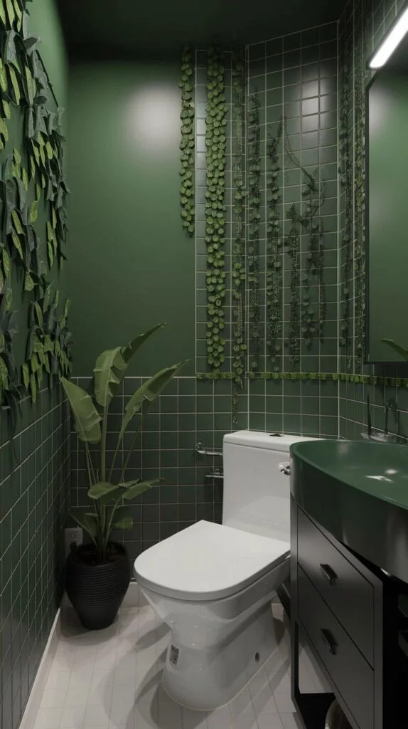 Bathroom with dark green tiles and botanical accents