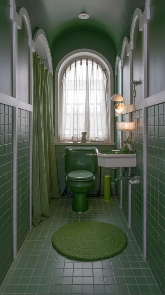 Bathroom with green tiles and arched ceiling