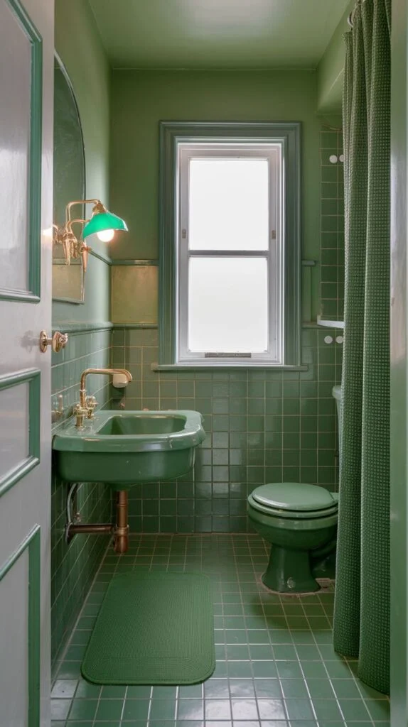 Bright green bathroom with brass fixtures