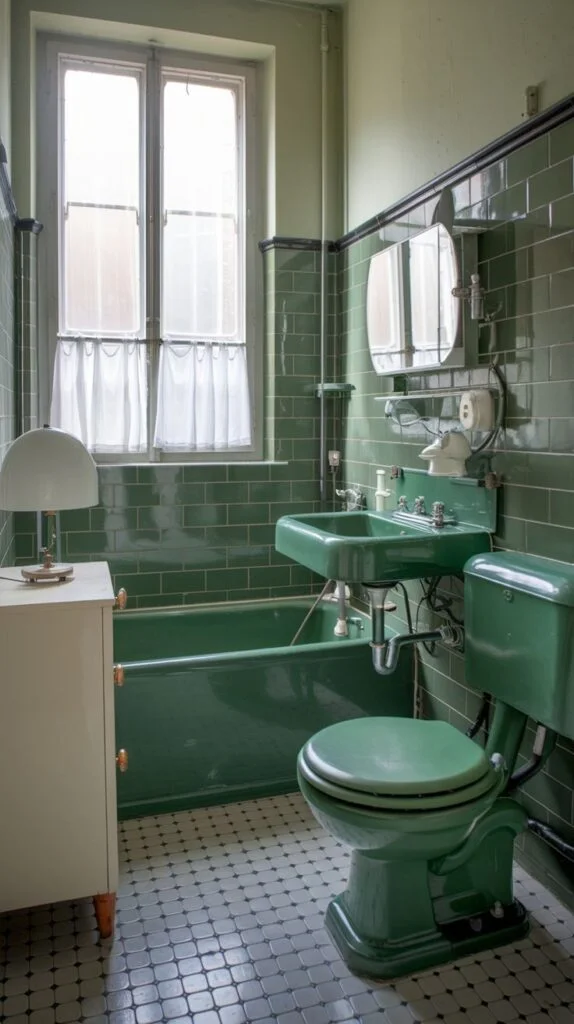 Elegant green bathroom with black and white floor
