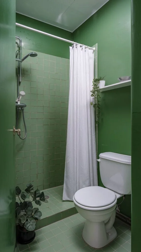 Small green shower room with plant