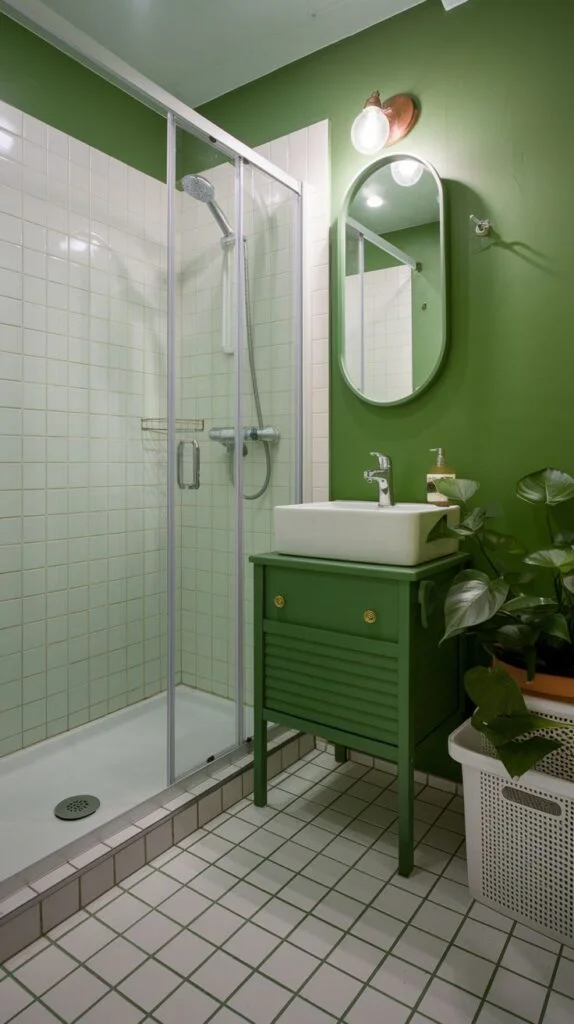 Fresh green and white bathroom with glass shower