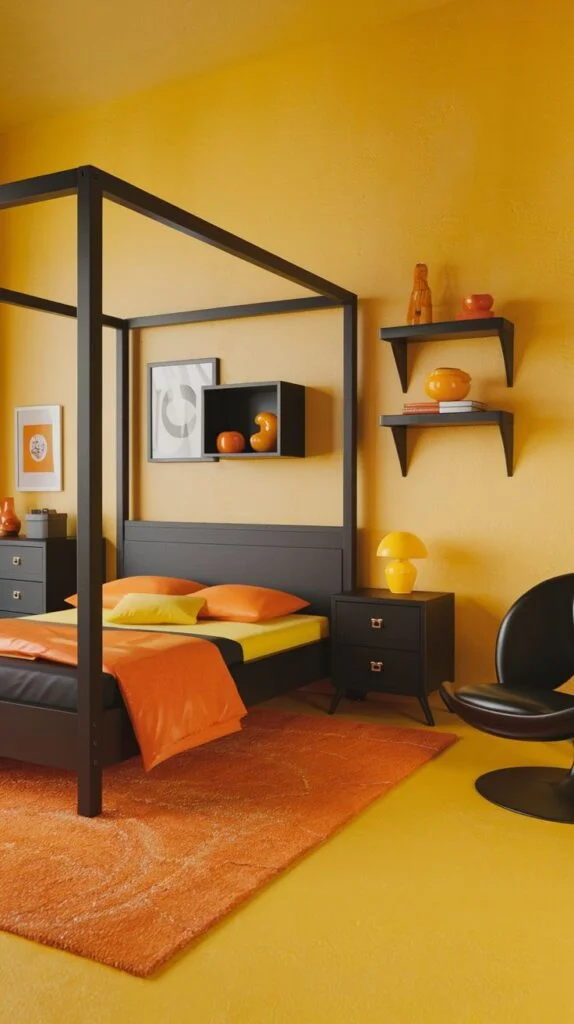 Modern black four-poster bed with yellow walls and orange bedding
